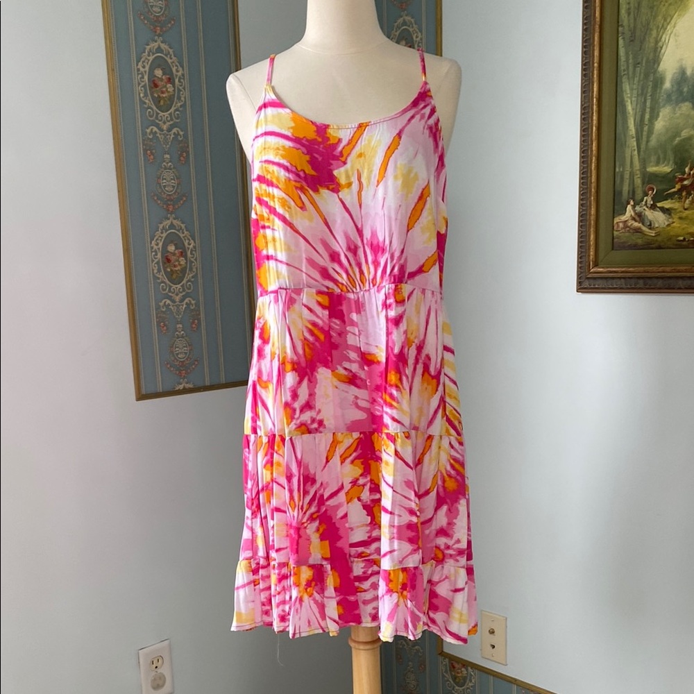 Crown & Ivy Pink and Yellow Tie-Dye Mini Dress tiered beach dress